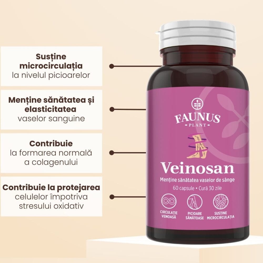 Veinosan – Capsule pentru susținerea circulației venoase și reducerea senzației de picioare grele. Flacon 60 capsule Supliment alimentar Faunus Plant 