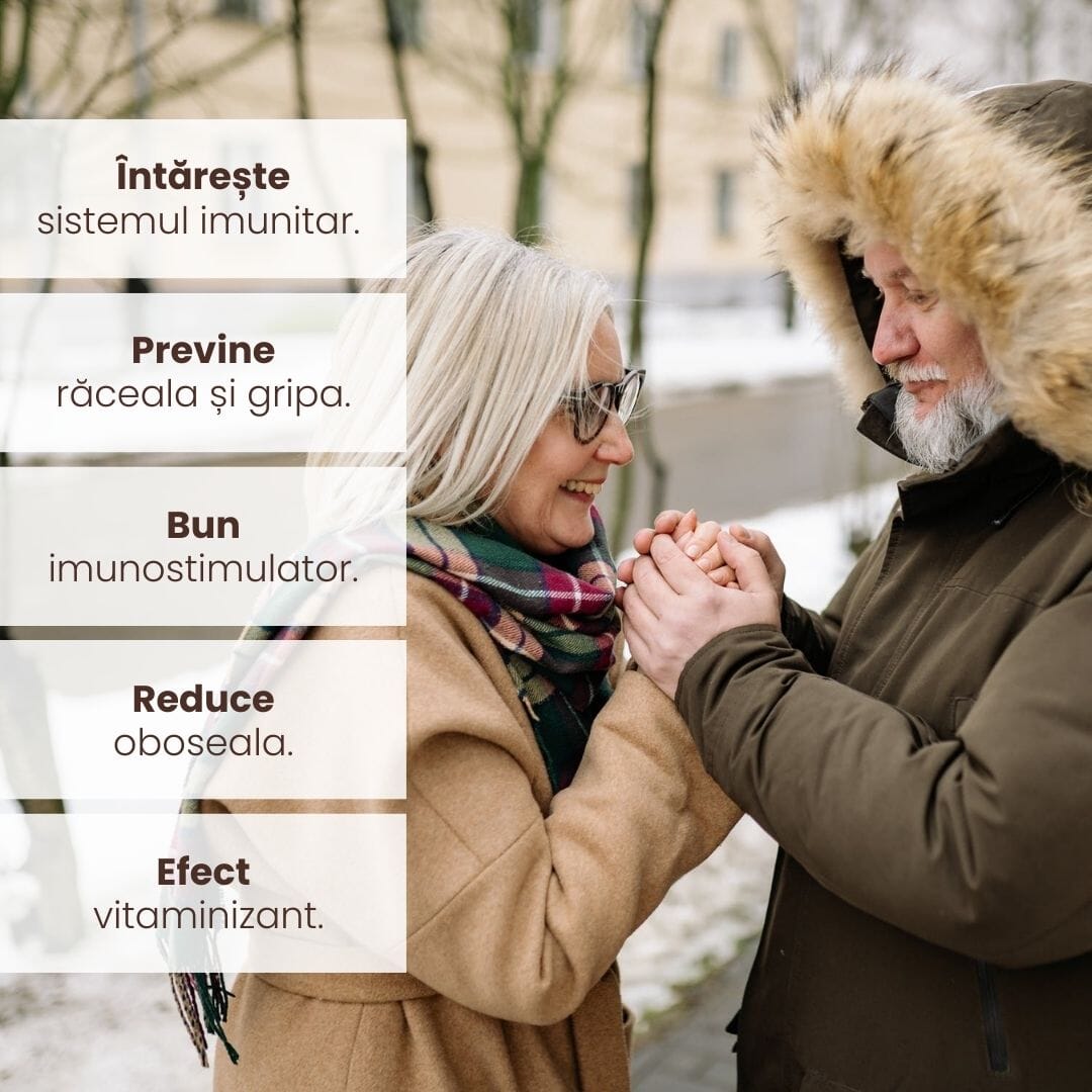 Grafică informativă despre beneficiile pachetului Imunitate Adulți de la Faunus Plant pentru imunitate, subliniind efecte precum întărirea sistemului imunitar, prevenirea răcelii și gripei, reducerea oboselii și efectul vitaminizant.