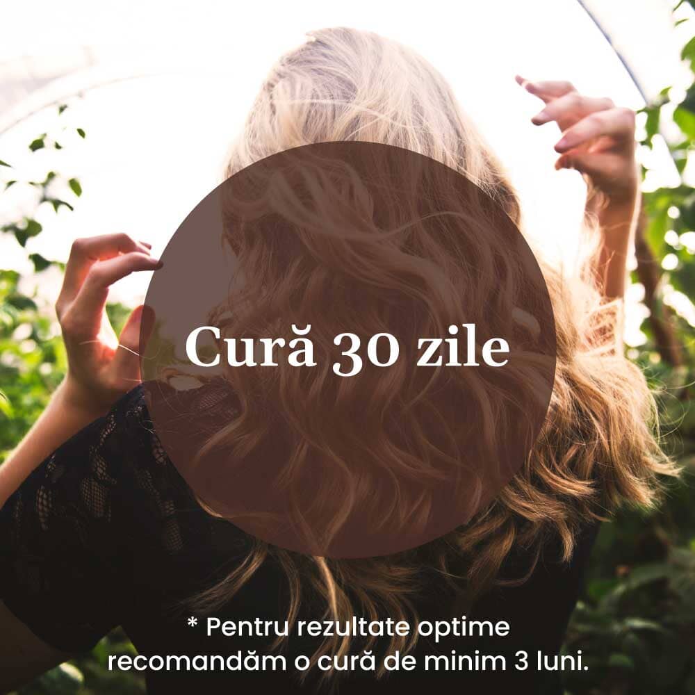 Grafică ce indică durata tratamentului cu Pachetului Capilarus Forte: cură de 30 zile. Recomandarea de utilizare a produselor timp de minim 3 luni pentru rezultate optime.