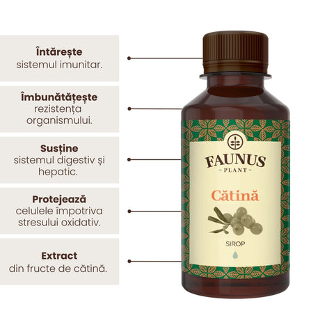 Sirop de Cătină 200ml de la Faunus Plant, alături de o listă de beneficii precum întărirea sistemului imunitar, îmbunătățirea rezistenței organismului, susținerea sistemului digestiv și hepatic, protejarea celulelor împotriva stresului oxidativ, precum și faptul că suplimentul are extract din fructe de cătină | Cantitate - 200ml
