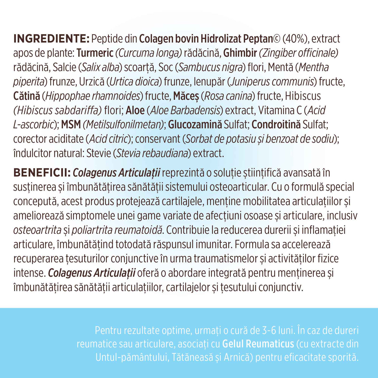 Etichetă desfășurată Colagenus Articulații de la Faunus Plant cu ingredientele enumerate și beneficiile explicate. La final se recomandă o cură de 3-6 luni cu text pe fundal albastru.