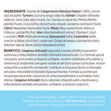 Etichetă desfășurată Colagenus Articulații de la Faunus Plant cu ingredientele enumerate și beneficiile explicate. La final se recomandă o cură de 3-6 luni cu text pe fundal albastru.