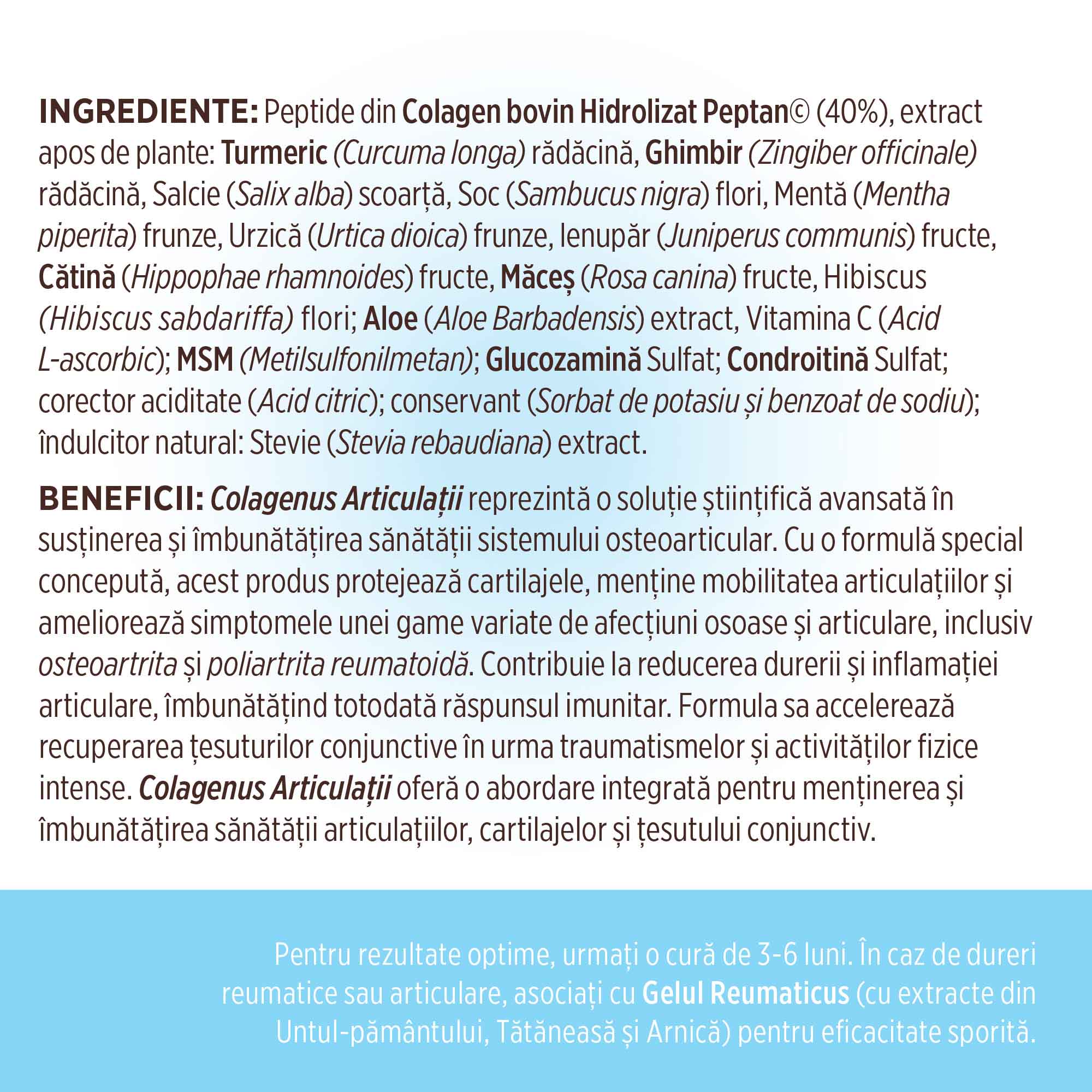 Etichetă desfășurată Colagenus Articulații de la Faunus Plant cu ingredientele enumerate și beneficiile explicate. La final se recomandă o cură de 3-6 luni cu text pe fundal albastru.