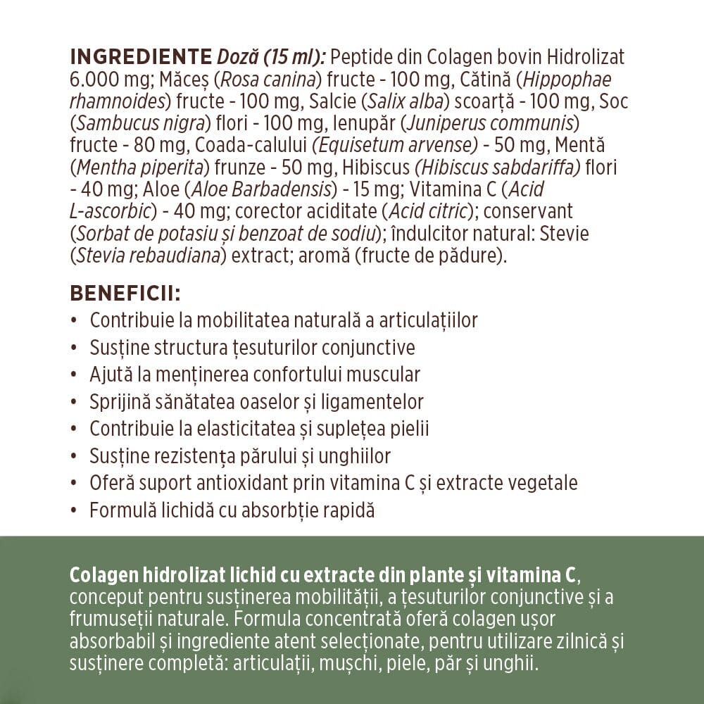 Colagenus - Colagen lichid hidrolizat. Flacon 250ml. Susține sănătatea articulațiilor, pielii, părului și unghiilor Supliment alimentar Faunus Plant 