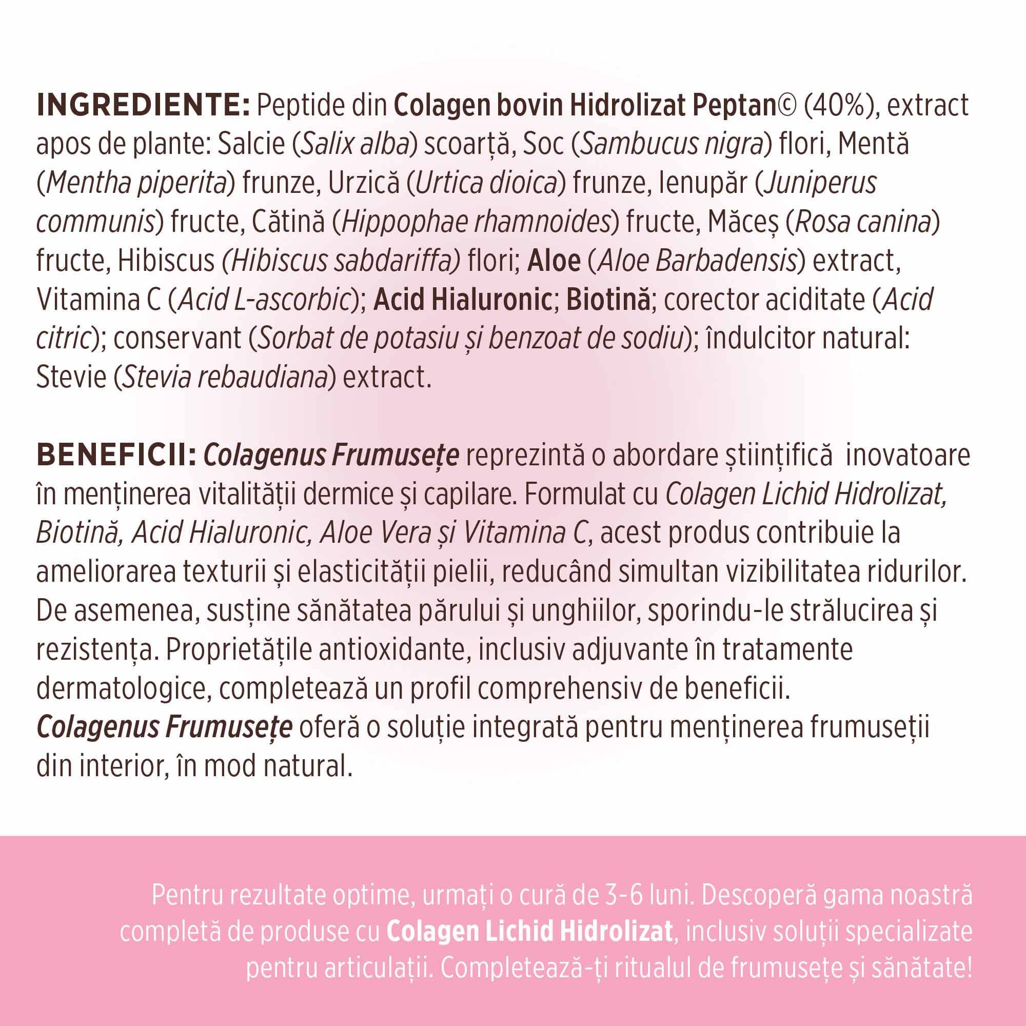 Etichetă desfășurată pentru Colagenus Frumusețe de la Faunus Plant cu ingredientele enumerate, beneficii explicate și recomandarea unei cure de 3-6 luni.
