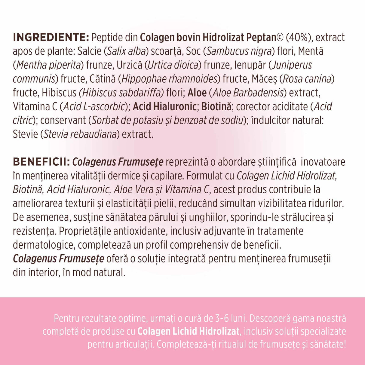 Etichetă desfășurată pentru Colagenus Frumusețe de la Faunus Plant cu ingredientele enumerate, beneficii explicate și recomandarea unei cure de 3-6 luni.