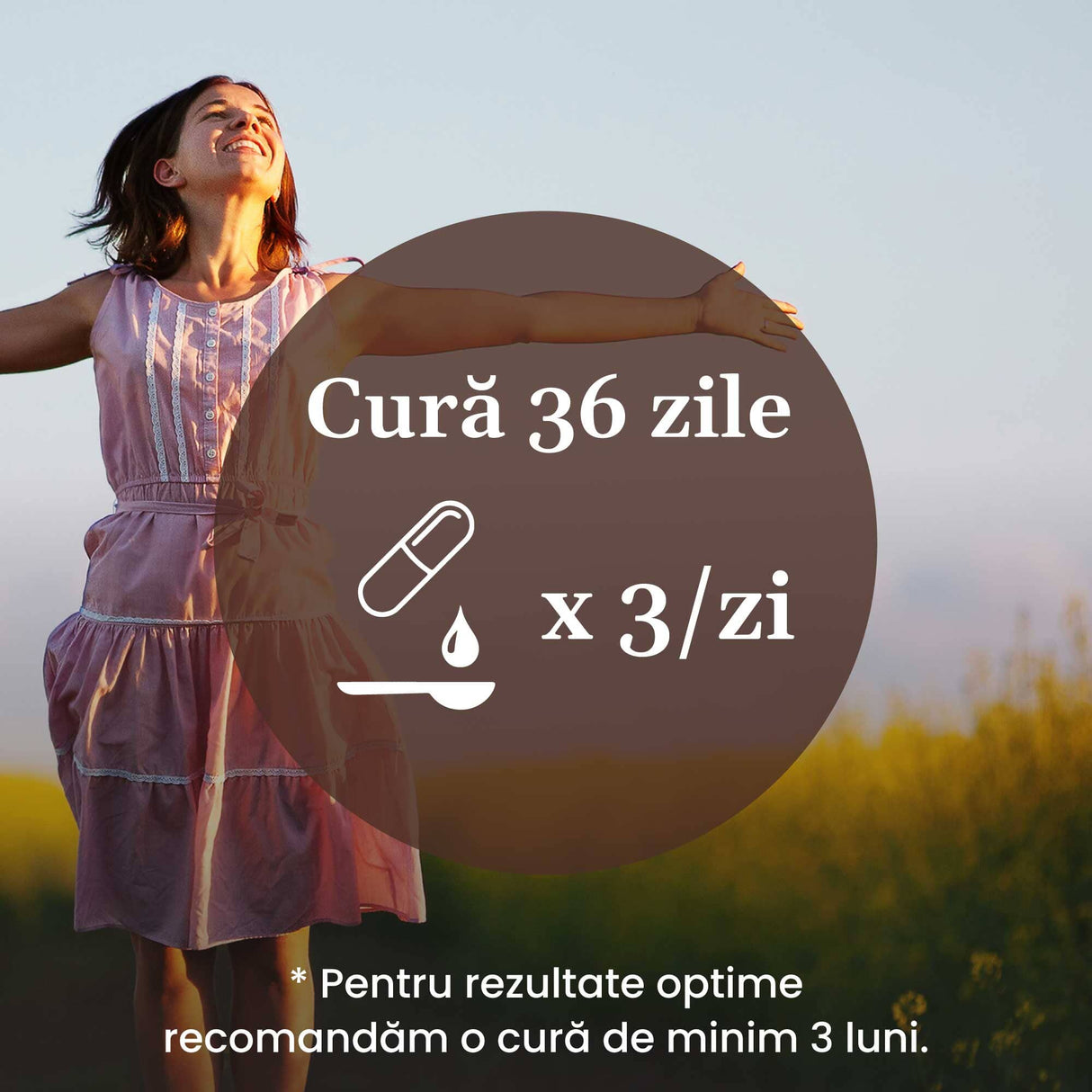 Instrucțiuni pentru o cură de 36 de zile cu tinctura Vitaminizantus de la Faunus Plant, specificând 3 administrări zilnice pentru rezultate optime și recomandarea unei cure de minimum 3 luni.