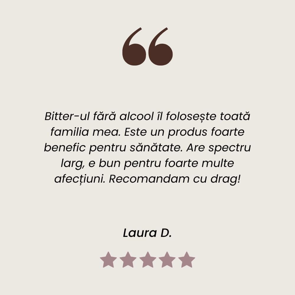 Testimonial al unui client mulțumit care a folosit Pachet Bitter fără alcool 30 plante Faunus Plant împreună cu toată familia sa.