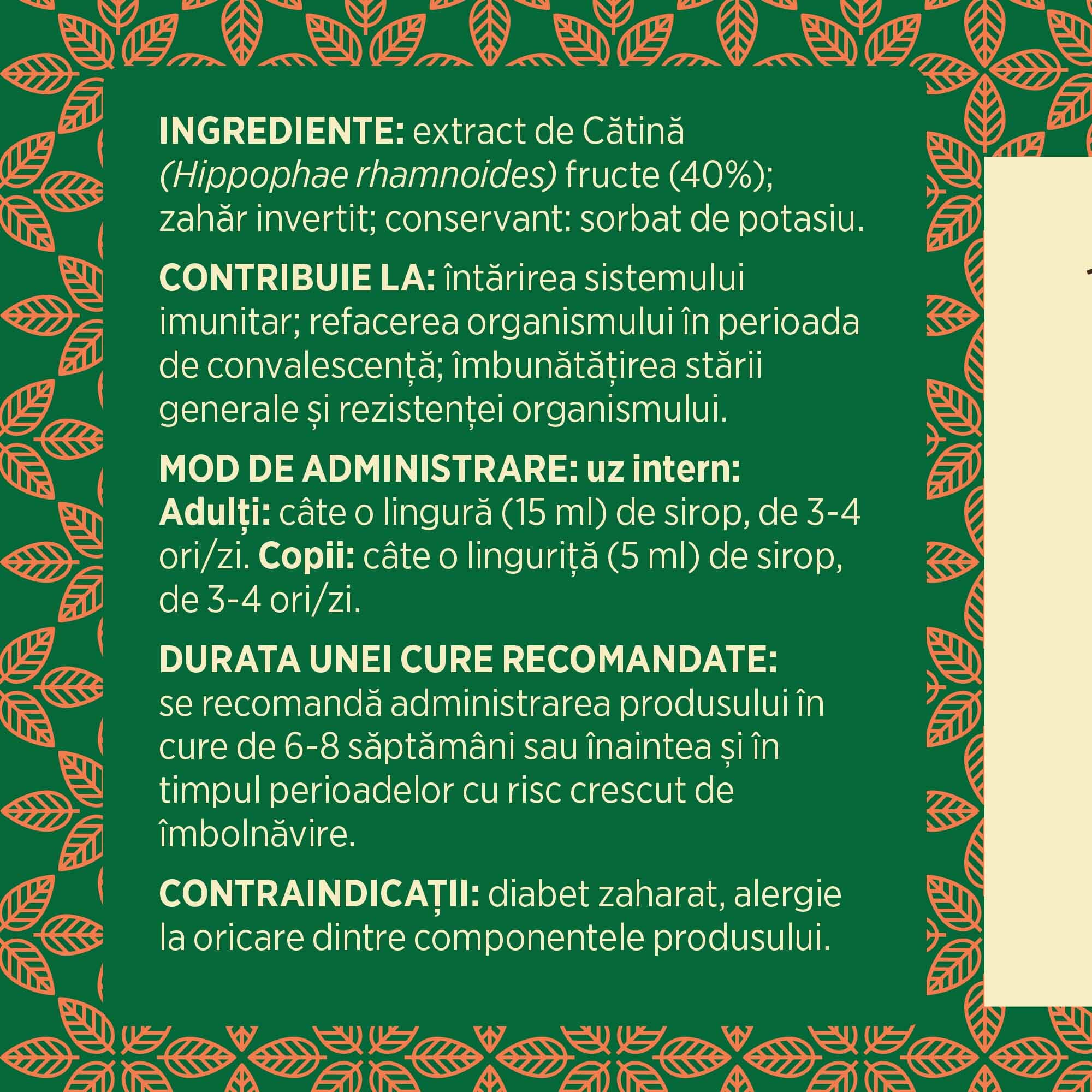 Eticheta desfășurată cu ingredientele Siropului de Cătină 200ml de la Faunus Plant, mod de administrare, durata unei cure recomandate și contraindicații pentru utilizatori.