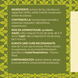 Eticheta desfășurată stânga cu ingredientele Siropului de Soc de 200 ml, mod de administrare, durata unei cure recomandate și contraindicații pentru utilizatori.