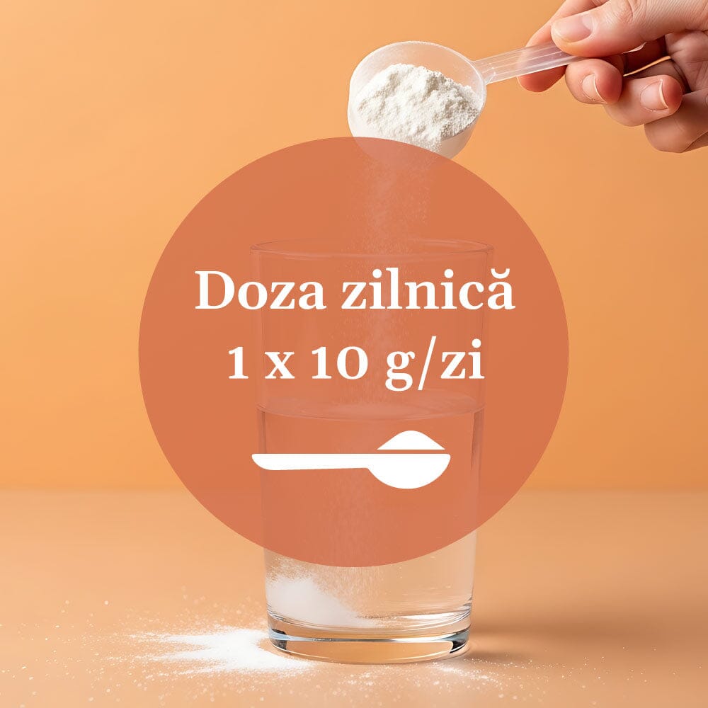 Mod de administrare pentru Hidralio de la Faunus Plant, scris într-un cerc color având un simbol de linguriță afișat, iar pe fundal se află un pahar cu apă și o mână care ține o lingură cu pudră albă.