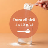 Mod de administrare pentru Hidralio de la Faunus Plant, scris într-un cerc color având un simbol de linguriță afișat, iar pe fundal se află un pahar cu apă și o mână care ține o lingură cu pudră albă.