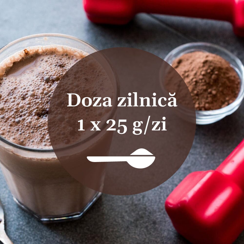 Mod de administrare pentru Proveganis de la Faunus Plant, scris într-un cerc color având un simbol de linguriță afișat, iar pe fundal se află un pahar cu shake proteic cu ciocolată și un bol cu pudră de cacao. 