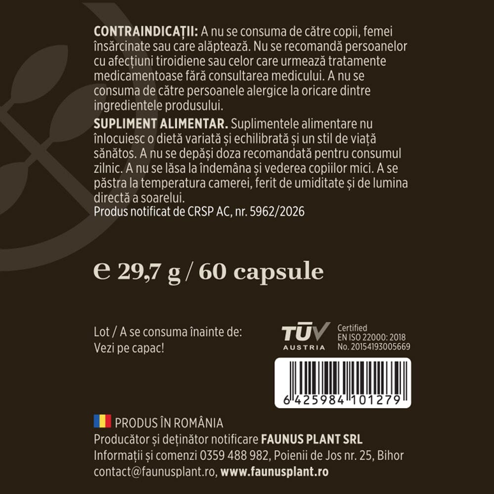 Ashwagandha KSM-66®. Formulă adaptogenă premium pentru echilibru nervos, stres cotidian și energie. Flacon 60 capsule Supliment alimentar Faunus Plant 