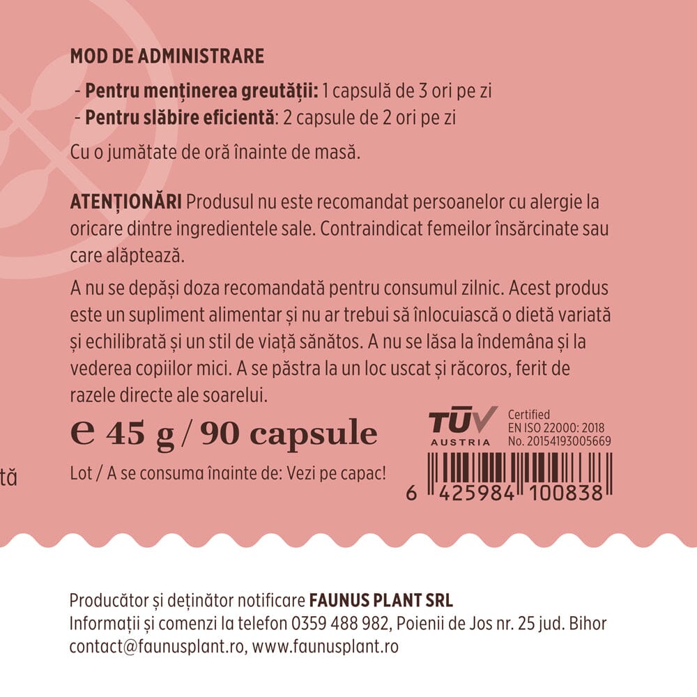 ProSilueth Capsule - Formulă unică pentru cura de slăbire, plante medicinale cu acțiune dovedită pentru accelerarea metabolismului, arderea grăsimilor, reducerea apetitului și detoxifierea organismului - 90 capsule Supliment alimentar Faunus Plant 