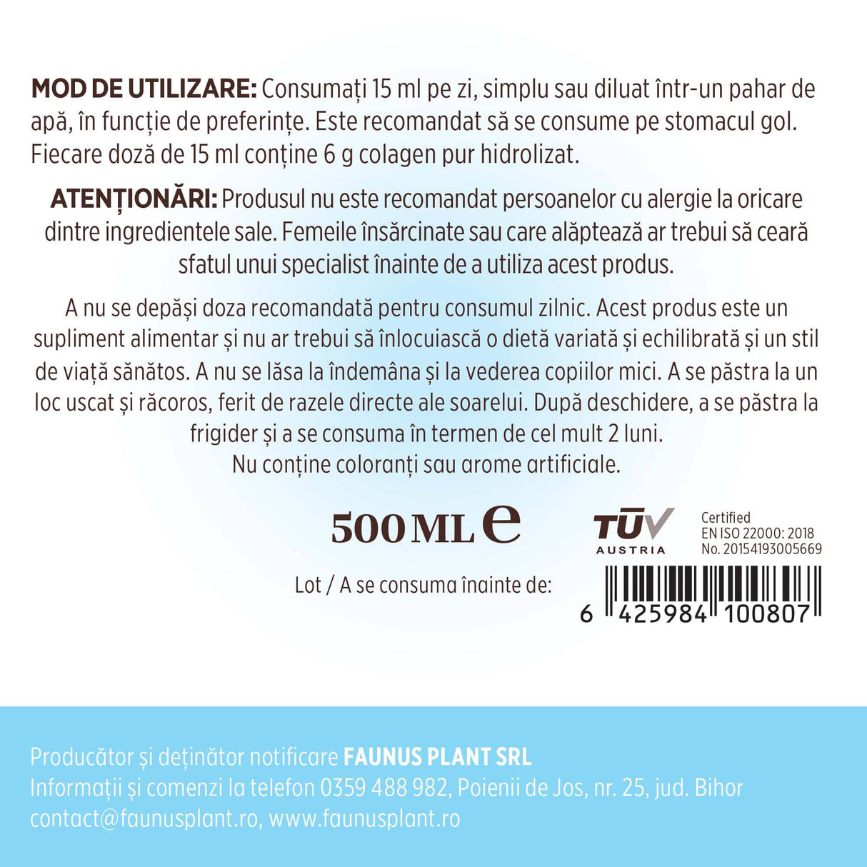 Etichetă desfășurată Colagenus Articulații de la Faunus Plant cu mod de utilizare și atenționări explicate. Vizibilă este cantitate, codul de bare și logo TUV Austria.