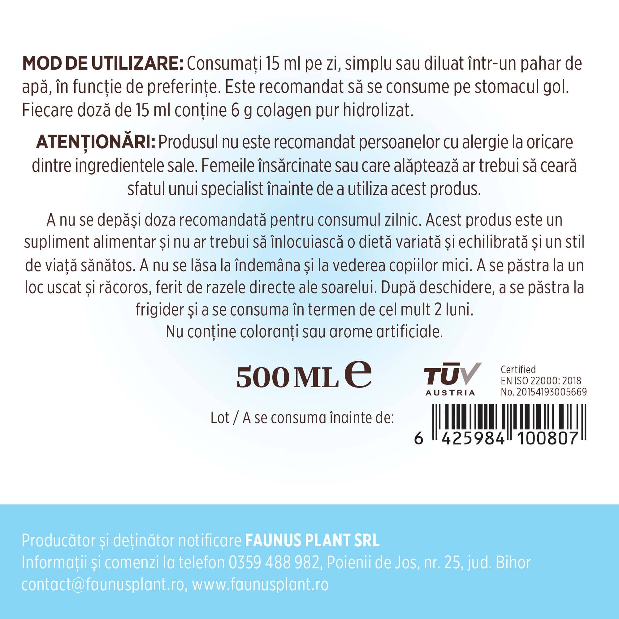 Etichetă desfășurată Colagenus Articulații de la Faunus Plant cu mod de utilizare și atenționări explicate. Vizibilă este cantitate, codul de bare și logo TUV Austria.