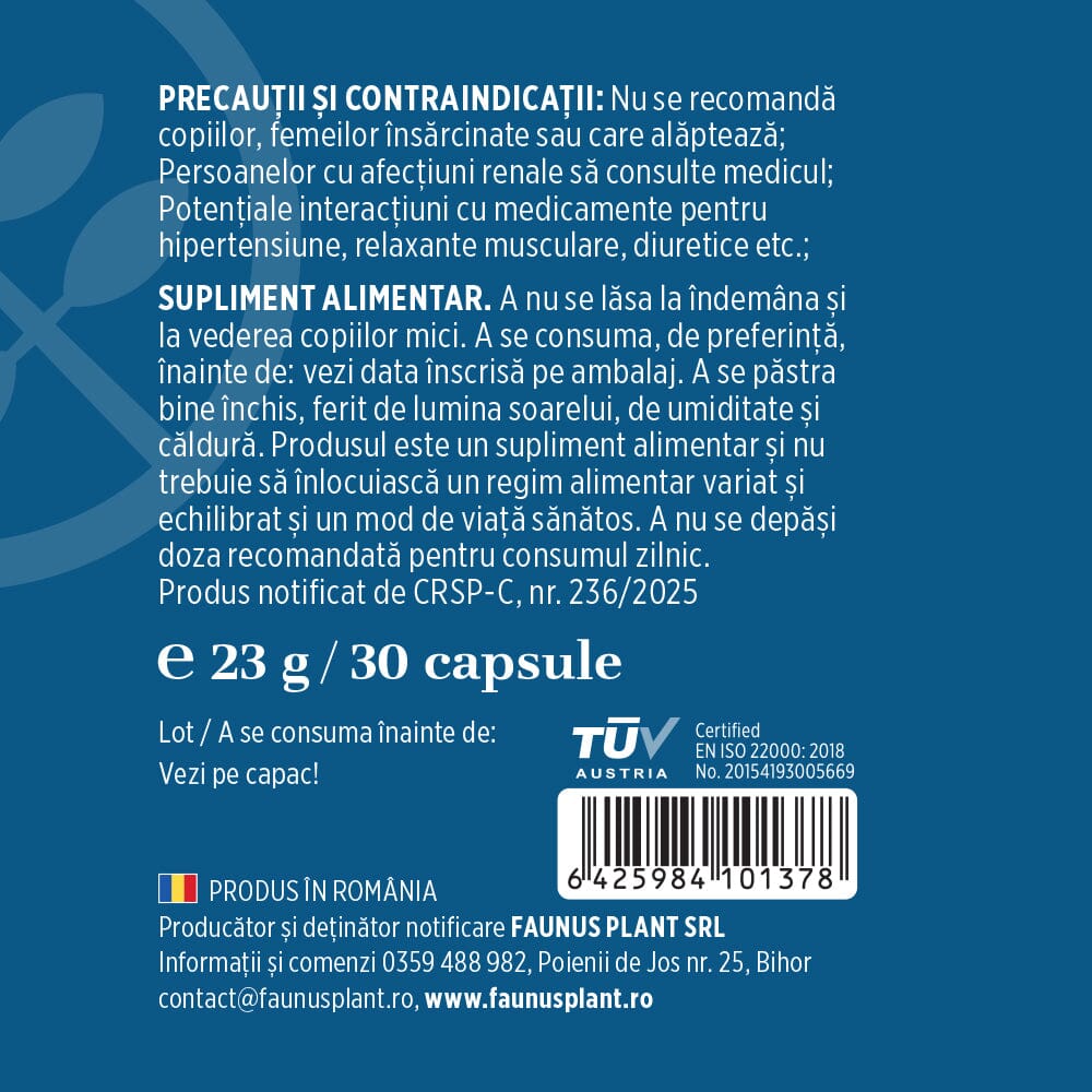 Etichetă desfășurată stânga pentru 30 capsule Magtein de la Faunus Plant, cu precauții și contraindicații, cantitate, cod de bare, certificare și detalii producător. | Cantitate - 30 capsule