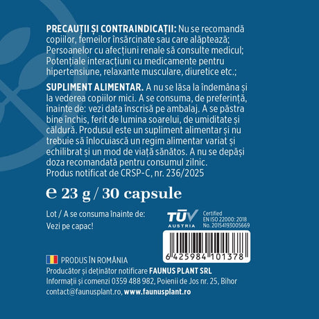Etichetă desfășurată stânga pentru 30 capsule Magtein de la Faunus Plant, cu precauții și contraindicații, cantitate, cod de bare, certificare și detalii producător. | Cantitate - 30 capsule