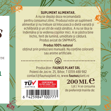 Etichetă dreapta desfășurată pentru Sirop Pătlagină cu Miere și Propolis 200ml care oferă recomandări și precauții și sublinează faptul că produsul are certificare TUV Austria, apare logo-ul, un cod de bare și termenul de valabilitate