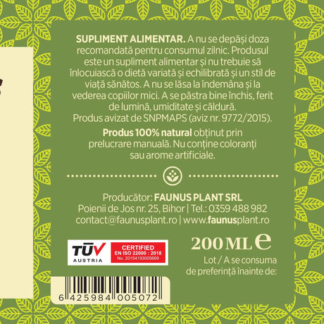 Etichetă desfășurată pentru Sirop Pin 200ml care oferă recomandări și precauții și sublinează faptul că produsul are certificare TUV Austria, apare logo-ul, un cod de bare și termenul de valabilitate | Cantitate - 200ml
