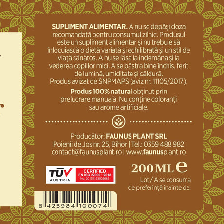 Etichetă dreapta desfășurată pentru Sirop Ghimbir 200ml care oferă recomandări și precauții și sublinează faptul că produsul are certificare TUV Austria, apare logo-ul, un cod de bare și termenul de valabilitate | Cantitate - 200ml