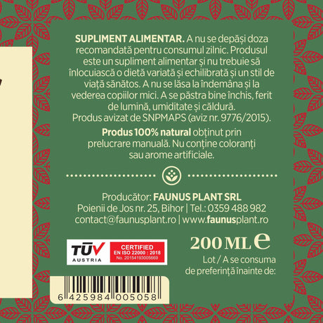 Etichetă desfășurată pentru Sirop Măceșe 200 ml care oferă recomandări și precauții și sublinează faptul că produsul are certificare TUV Austria, apare logo-ul, un cod de bare și termenul de valabilitate | Cantitate - 200ml
