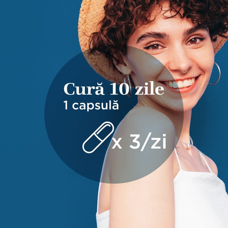 Element grafic circular afișat pe mijloc cu un text despre cura de 10 de zile cu Magtein capsule, sugerând 1 capsulă de 3 ori pe zi, având pe fundal imagine cu o femeie care zâmbește. | Cantitate - 30 capsule