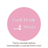 Recomandare cură 33 zile cu câte o linguriță de 15ml pe zi, pe fundal cromatic roz, în formă circulară. Dedesubt este scrisă recomandarea unei cure de 3-6 luni.