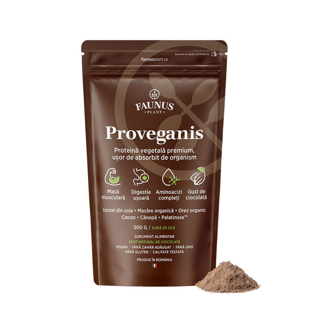 Proveganis - Proteină vegetală cu aromă de ciocolată. Amestec natural pentru energie și susținerea masei musculare. Pudră 500 g Superalimente Faunus Plant 