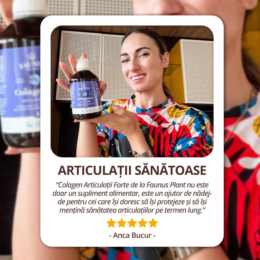 Colagenus Articulații Forte - Colagen lichid concentrat, 12.000mg colagen tip 1 și 40mg colagen tip 2. Flacon 500ml. Susține sănătatea articulațiilor, reducerea inflamațiilor și durerii reumatice, refacerea mușchilor și ligamentelor Supliment alimentar Faunus Plant 