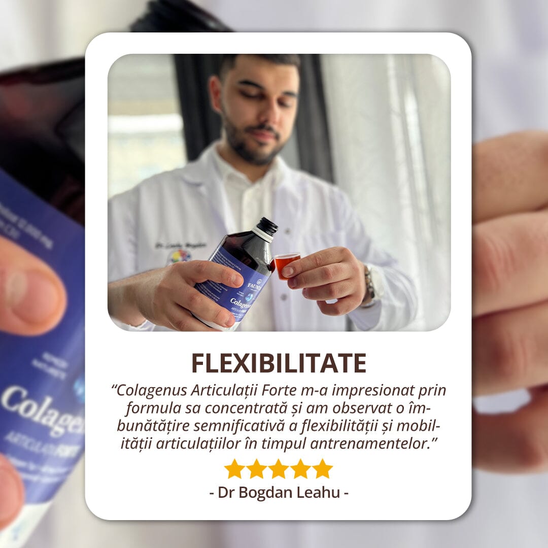 Colagenus Articulații Forte - Colagen lichid concentrat, 12.000mg colagen tip 1 și 40mg colagen tip 2. Flacon 500ml. Susține sănătatea articulațiilor, reducerea inflamațiilor și durerii reumatice, refacerea mușchilor și ligamentelor Supliment alimentar Faunus Plant 