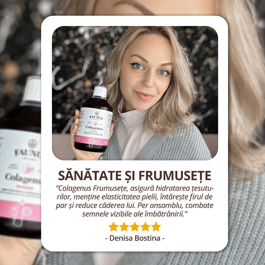 Colagenus Frumusețe - Colagen lichid hidrolizat cu acid hialuronic și biotină. Flacon 500ml. Susține sănătatea și frumusețea pielii, unghiilor și părului. Reduce ridurile și căderea părului. Întărește unghiile Supliment alimentar Faunus Plant 