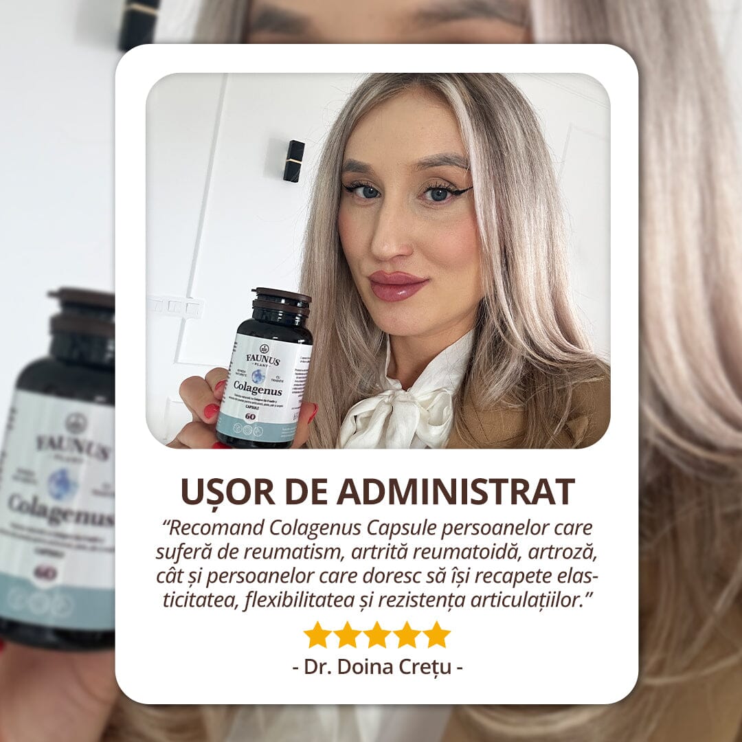 Colagenus Capsule - Colagen concentrat tip II, acid hialuronic și plante medicinale. Dureri articulare, rezistență articulații, flexibilitate - 60 Capsule Supliment alimentar Faunus Plant 