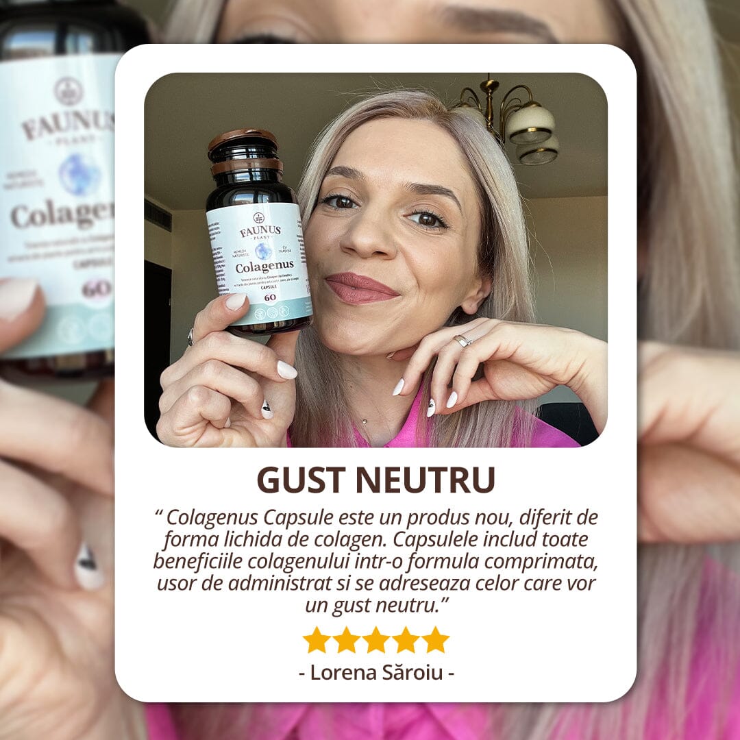Colagenus Capsule - Colagen concentrat tip II, acid hialuronic și plante medicinale. Dureri articulare, rezistență articulații, flexibilitate - 60 Capsule Supliment alimentar Faunus Plant 