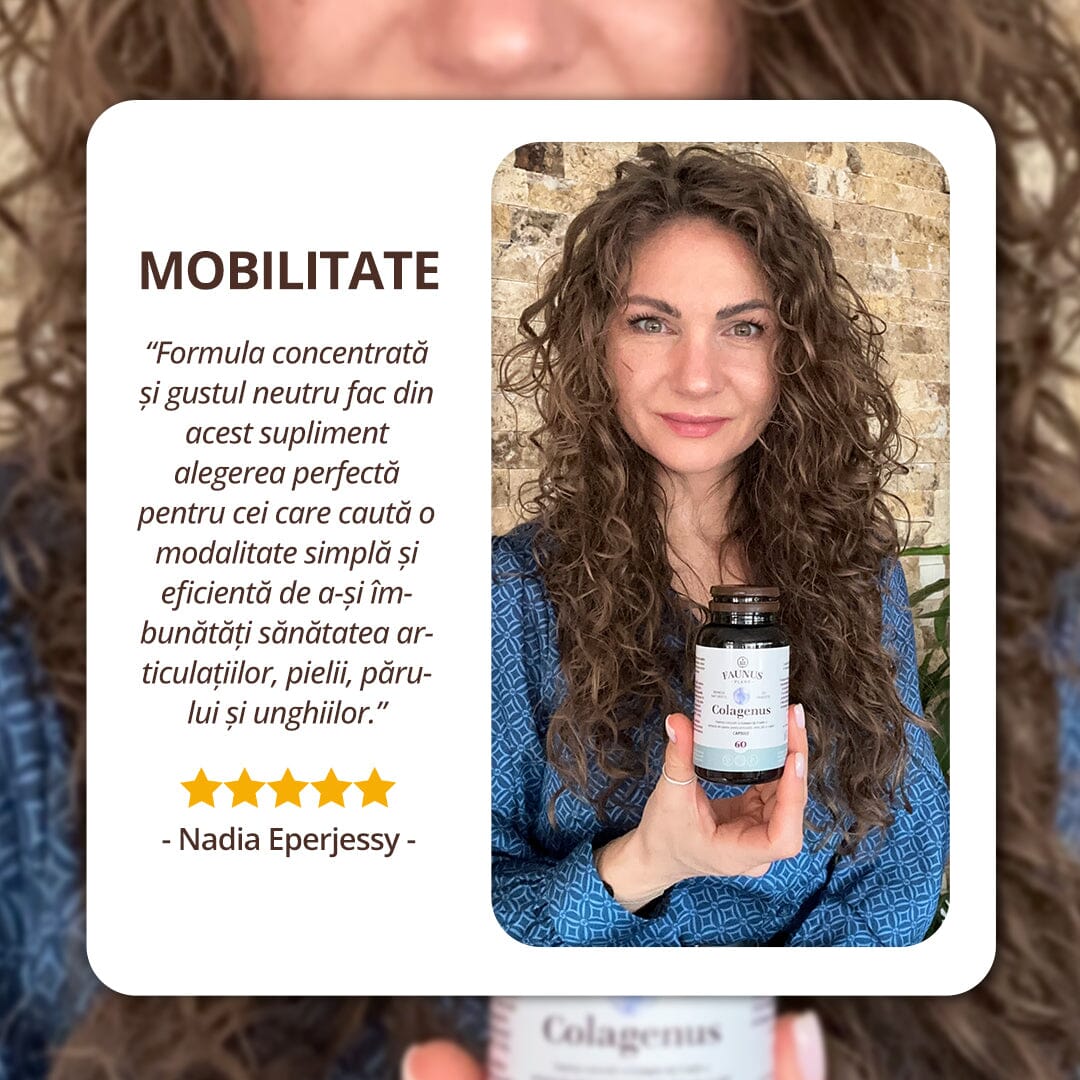 Colagenus Capsule - Colagen concentrat tip II, acid hialuronic și plante medicinale. Dureri articulare, rezistență articulații, flexibilitate - 60 Capsule Supliment alimentar Faunus Plant 
