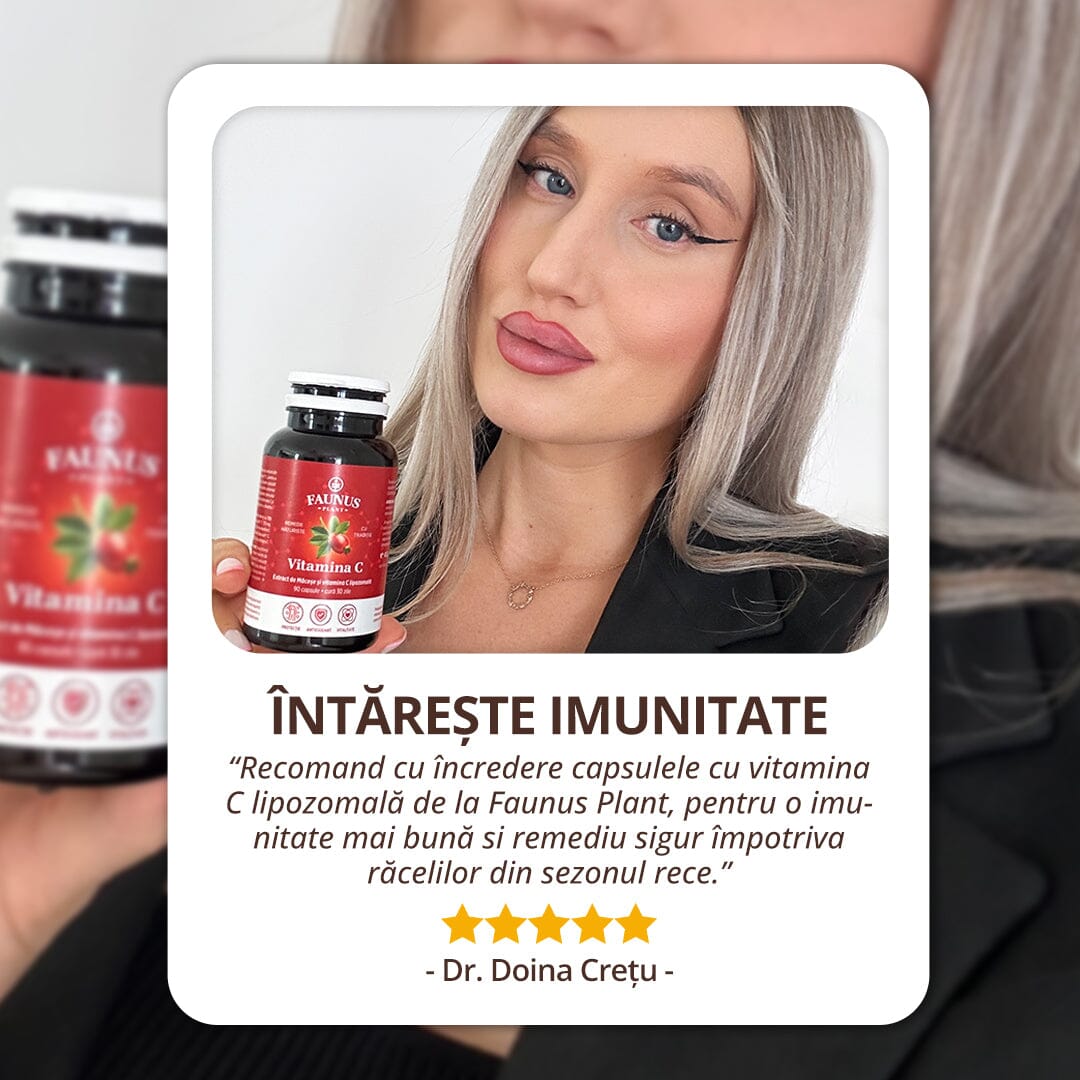 Vitamina C lipozomală cu măceșe - Concentrație mare de vitamina C pentru imunitate, absorbție fier și producerea de colagen - 90 Capsule Supliment alimentar Faunus Plant 