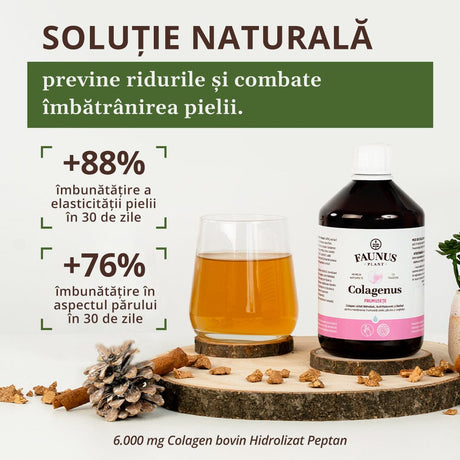 Flacon Colagenus Frumusețe Faunus Plant și pahar cu lichid așezate pe un suport rustic. Text pe imagine: „O soluție naturală pentru prevenirea ridurilor și combaterea îmbătrânirii pielii. +20,6% îmbunătățiri asupra hidratării pielii. +17,1% îmbunătățiri asupra elasticității pielii. 6.000 mg Colagen bovin Hidrolizat Peptan®.”
