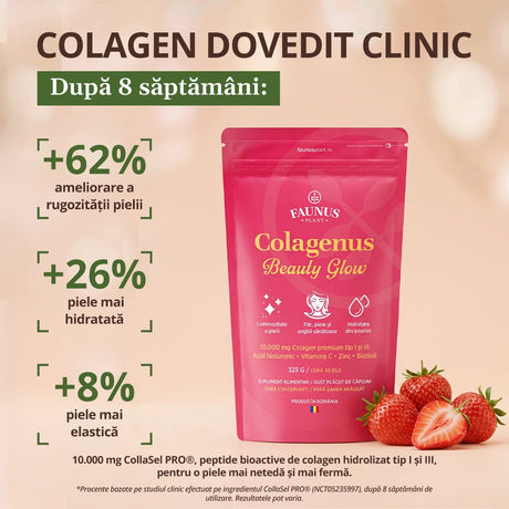 Colagenus Beauty Glow – Colagen hidrolizat pudră tip 1 și 3. Concentrație mare 10.000mg pentru piele hidratată și luminoasă, păr și unghii puternice. Pudră 325g Supliment alimentar Faunus Plant 
