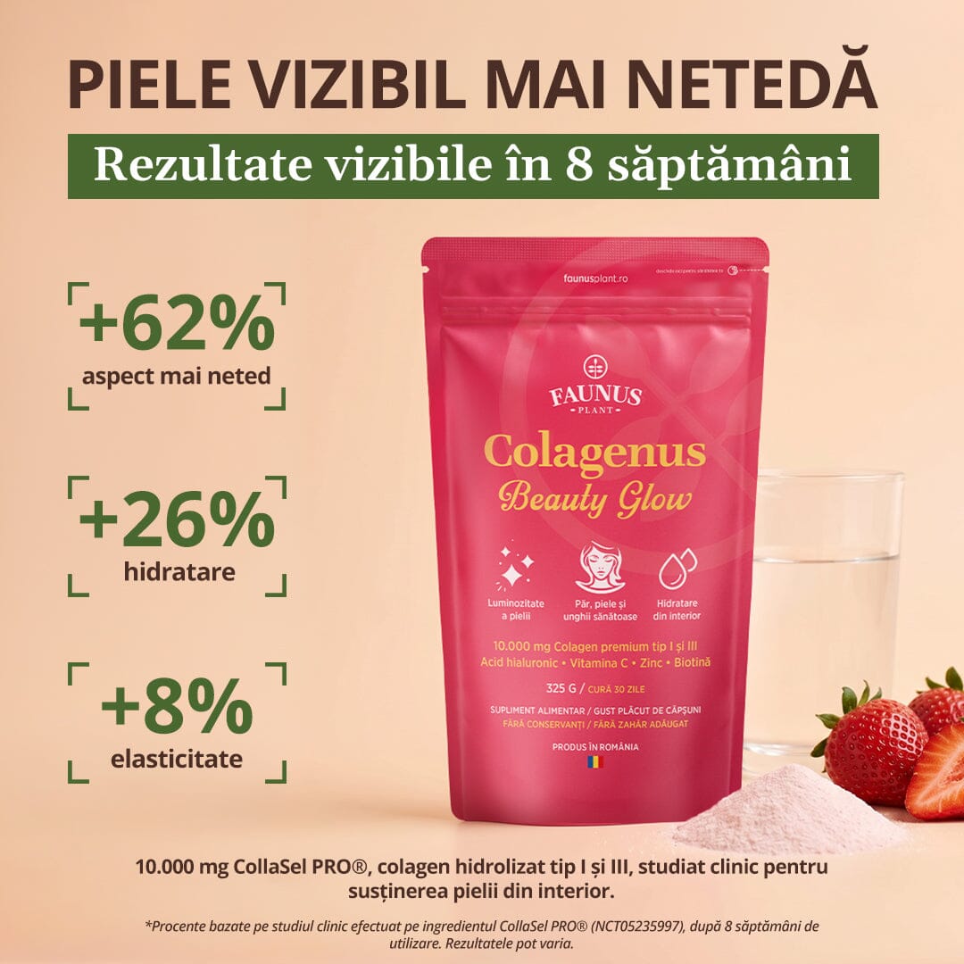 Colagenus Beauty Glow – Colagen hidrolizat pudră tip 1 și 3. Concentrație mare 10.000mg pentru piele hidratată și luminoasă, păr și unghii puternice. Pudră 325g Supliment alimentar Faunus Plant 