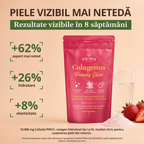 Colagenus Beauty Glow – Colagen hidrolizat pudră tip 1 și 3. Concentrație mare 10.000mg pentru piele hidratată și luminoasă, păr și unghii puternice. Pudră 325g Supliment alimentar Faunus Plant 