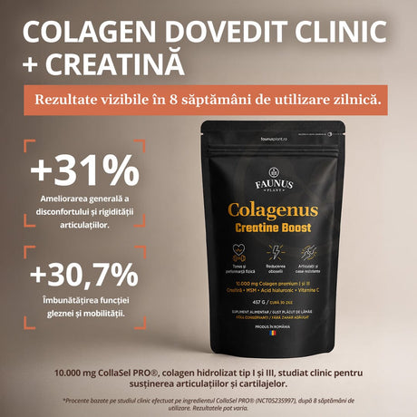 Colagenus Creatine Boost – Colagen pudră cu acid hialuronic și creatină. Colagen tip 1 și 3 pentru masa musculară, articulații sănătoase și piele hidratată. Pudră 457g Supliment alimentar Faunus Plant 