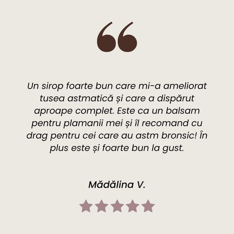 Testimonial Sirop de Pătlagină cu Miere și Propolis pentru afecțiuni respiratorii și întǎrirea imunității, acțiune emolientă și expectorantă de la Faunus Plant.