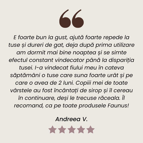 Recenzie client SiropRespiratorus cu Miere și Propolis pentru întărirea imunității și protejarea căilor respiratorii de la Faunus Plant.