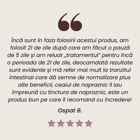 Recenzie client la Tinctură de Năpraznic pentru echilibrare hormonală și vitalitate crescută de la Faunus Plant.
