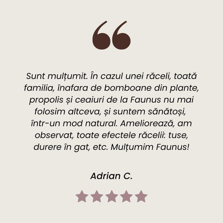 Testimonial client la Tinctură de Propolis pentru uz intern și extern cu efect antiinflamator, analgezic și cicatrizant de la Faunus Plant.