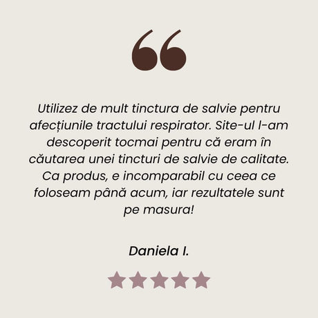 Testimonial la Tinctură de Salvie pentru echilibru hormonal și sistem digestiv sănătos de la Faunus Plant.