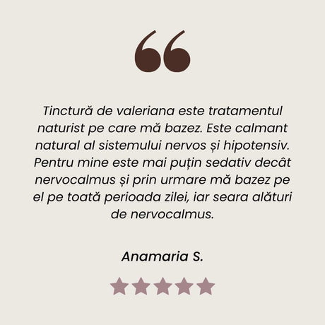 Recenzie client la Tinctură de Valeriană pentru stări de anxietate și insomnii, efect calmant de la Faunus Plant.