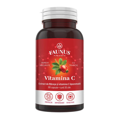 Vitamina C lipozomală cu măceșe - Concentrație mare de vitamina C pentru imunitate, absorbție fier și producerea de colagen - 90 Capsule Supliment alimentar Faunus Plant 