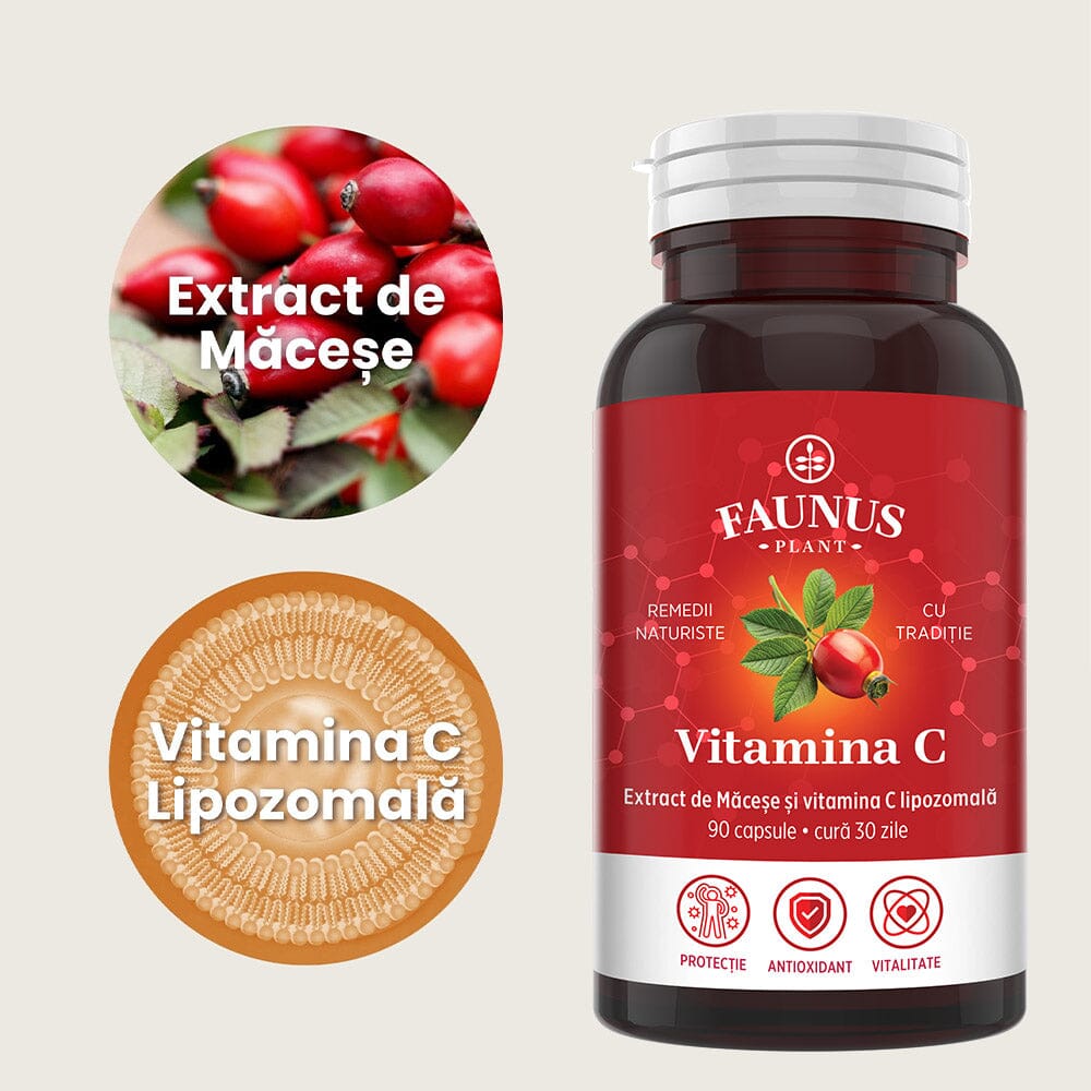 Vitamina C lipozomală cu măceșe - Concentrație mare de vitamina C pentru imunitate, absorbție fier și producerea de colagen - 90 Capsule Supliment alimentar Faunus Plant 